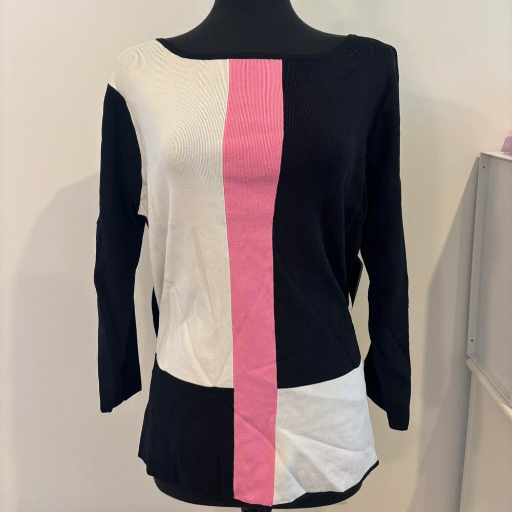 Sag Harbor Pink and Black Retro Colorblock Tight Knit Sweater Sz XL NWT